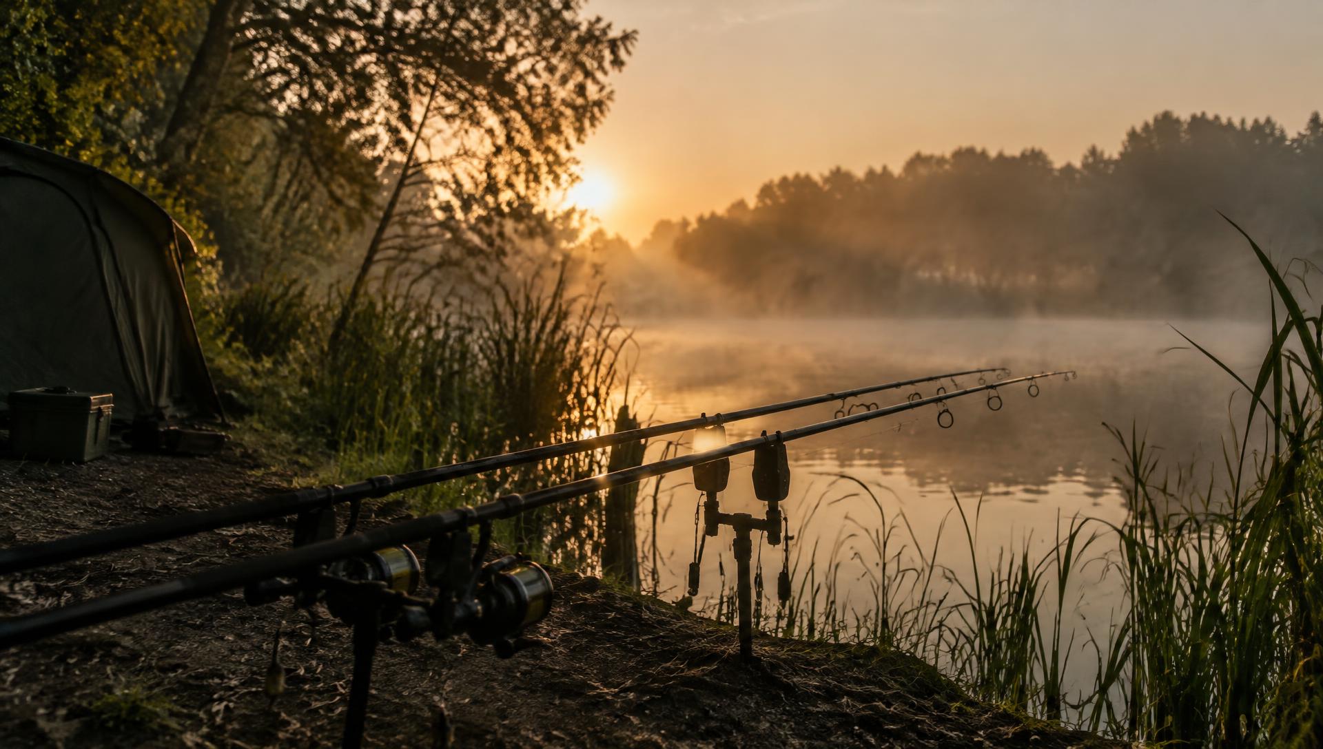 Carp rods on the bank at a misty dawn lake